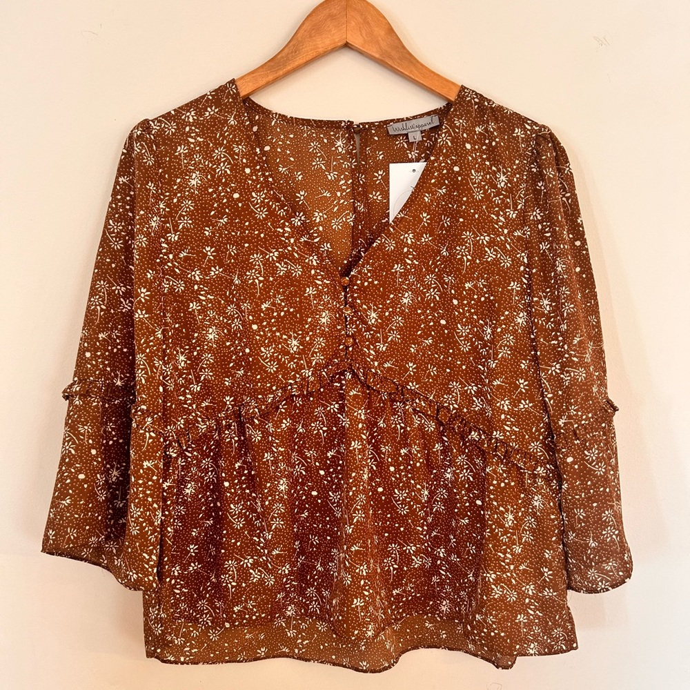NWT large Wishlist Apparel boutique brown floral ruffled blouse